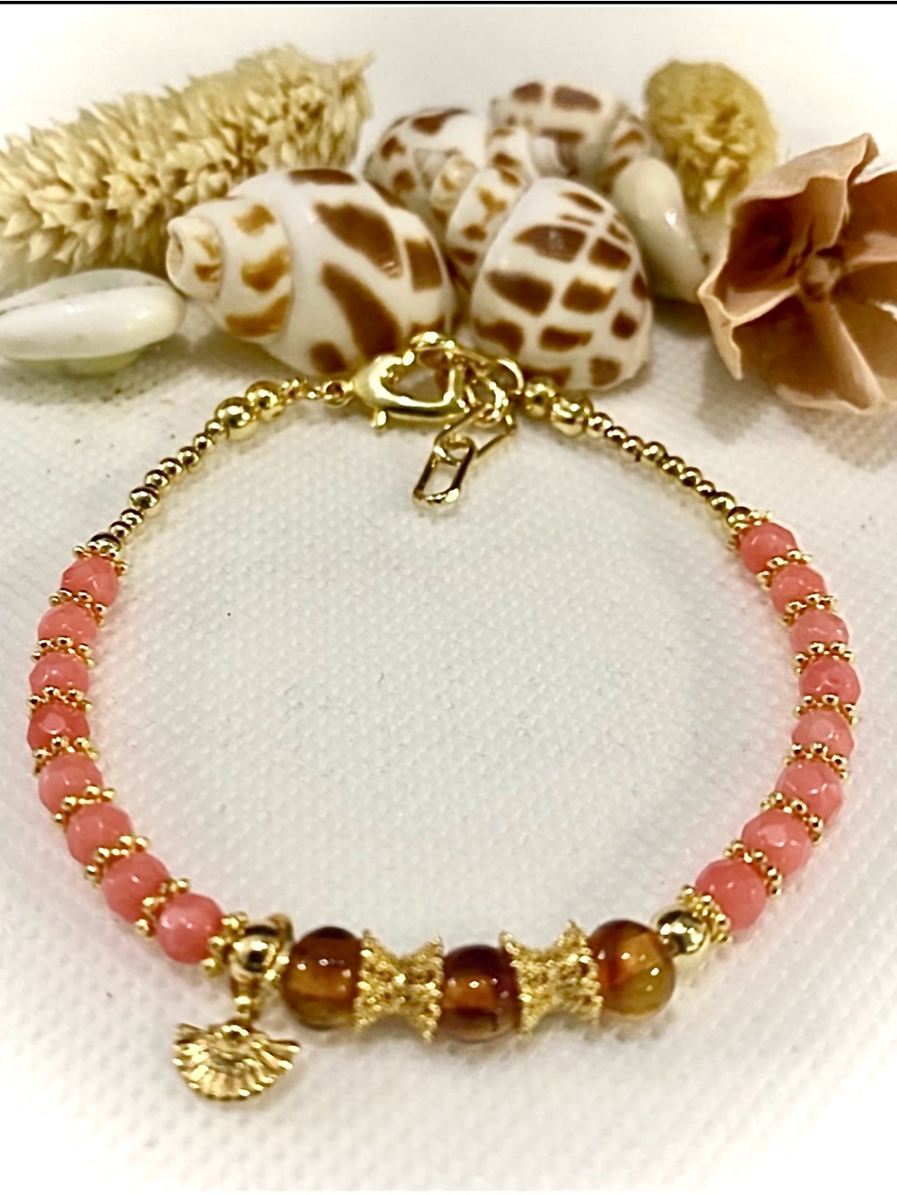 Women’s Bracelet, Coral & Amber crystal Beads with 24kt gold space beads
